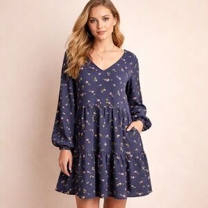Lauren Ralph Lauren Navy Floral Bishop-Sleeve Crepe Tiered Dress Size 16